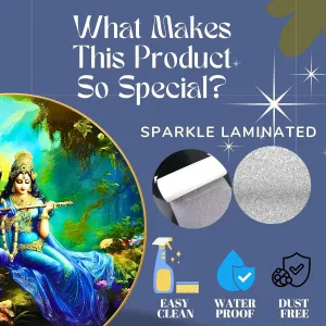 Radha Krishna Wall Painting for Wall Decoration with Frame Sparkle Glossy Round Golden Framed