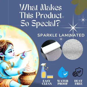 Radha Krishna Wall Painting for Wall Decoration with Frame Sparkle Glossy Round Golden Framed