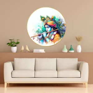 Radha Krishna Wall Painting for Wall Decoration with Frame Sparkle Glossy Round Golden Framed