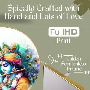 Radha Krishna Wall Painting for Wall Decoration with Frame Sparkle Glossy Round Golden Framed