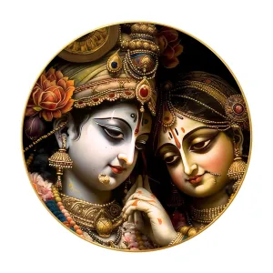 Radha Krishna Wall Painting for Wall Decoration with Frame Sparkle Glossy Round Golden Framed