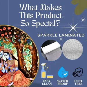 Radha Krishna Wall Painting for Wall Decoration with Frame Sparkle Glossy Round Golden Framed