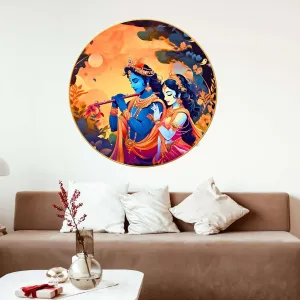 Radha Krishna Wall Painting for Wall Decoration with Frame Sparkle Glossy Round Golden Framed