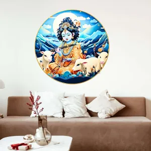 Radha Krishna Wall Painting for Wall Decoration with Frame Sparkle Glossy Round Golden Framed