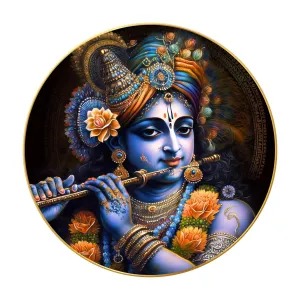 Radha Krishna Wall Painting for Wall Decoration with Frame Sparkle Glossy Round Golden Framed