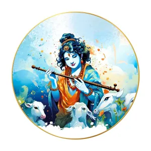 Radha Krishna Wall Painting for Wall Decoration with Frame Sparkle Glossy Round Golden Framed