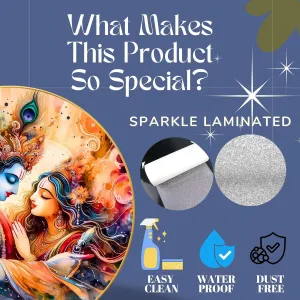 Radha Krishna Wall Painting for Wall Decoration with Frame Sparkle Glossy Round Golden Framed