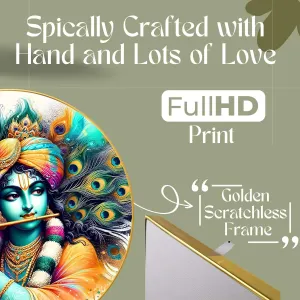 Radha Krishna Wall Painting for Wall Decoration with Frame Sparkle Glossy Round Golden Framed