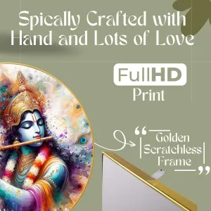 Radha Krishna Wall Painting for Wall Decoration with Frame Sparkle Glossy Round Golden Framed