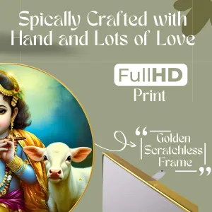 Radha Krishna Wall Painting for Wall Decoration with Frame Sparkle Glossy Round Golden Framed
