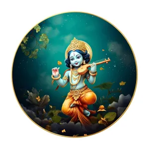 Radha Krishna Round Golden Framed Wall Painting Glossy Finish