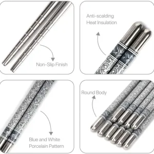 Reusable Stainless Steel Chopsticks With Non Slip Grip Grey White Finish
