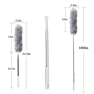 Microfiber Feather Duster with Telescopic Extension Pole – Scratch-Resistant, Washable Duster for High Ceiling Fans, Furniture, Windows, Blinds, and Cars (Up to 100 Inches, Grey)