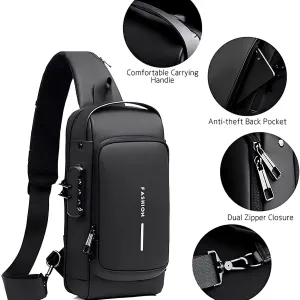 Waterproof Polyester Slim Unisex Crossbody Sling Bag Chest Anti-Theft Backpack for Men & Women | Shoulder Bag | Travel Handbag with Hard Shell Password Lock | Crossbody Backpack for Hiking, Cycling, Travel (Black)