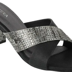 Black Cross-Strap Block Heel Sandals with Embellished Detailing