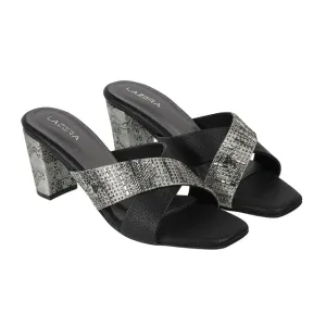 Black Cross-Strap Block Heel Sandals with Embellished Detailing