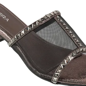 Studded Mesh Block Heel Sandals