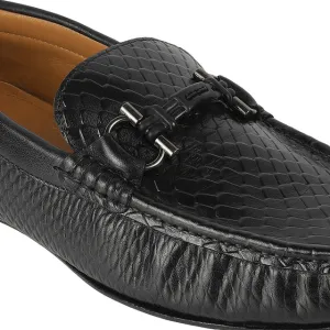 The Monarch Men’s Black Textured Faux Leather Loafers with Metal Bit
