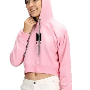 Women Casual Crop Hoodie Long Sleeve Drawstring Sweatshirt