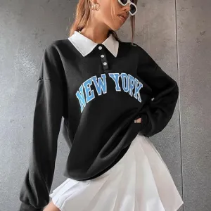 Collar Button Hoodie Polycotton Casual Winter Sweatshirt