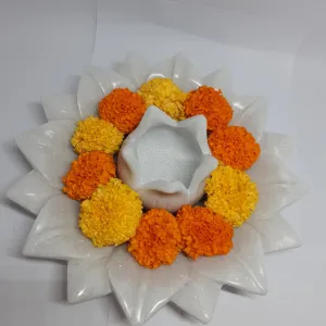 Large Marble Urli Bowl with Lotus Plate Decor Combo Set