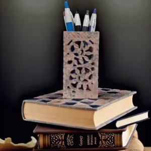 Marble Pen Holder with Tealight Stand Leaf Flower Design