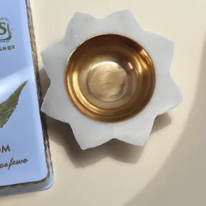 White Marble Diya with Brass Bowl for Pooja Decor