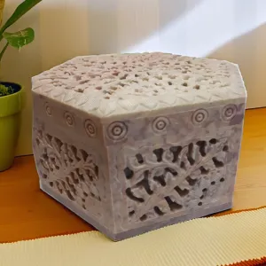 Hand Carved Marble Jewelry Box with Hexagonal Design