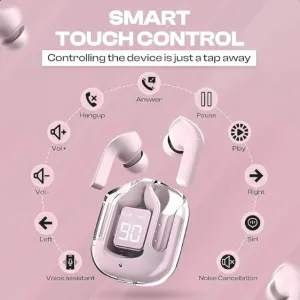 UltraPods Max TWS Earbuds Pro Bluetooth | Transparent Design | Fast Charging | 13mm HD Bass Drivers | Built-in Mic | Running, Outdoors, Music Sound (Pink)