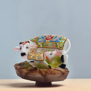 Handcrafted Marble Kamdhenu Cow Calf Decorative Showpiece