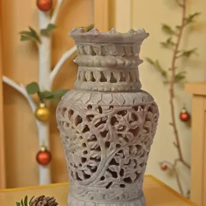 6" Soapstone Marble Flower Vase With Intricated Leaves And Flowers, Beautiful Gift And Homedecore Peice