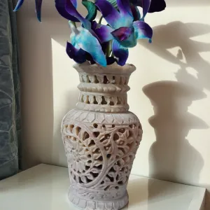 6" Soapstone Marble Flower Vase With Intricated Leaves And Flowers, Beautiful Gift And Homedecore Peice