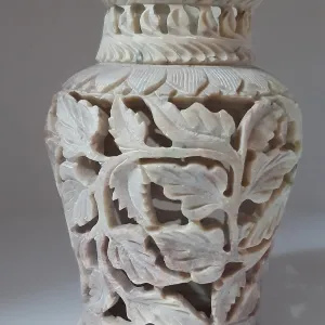 Soapstone Marble Flower Vase with Intricate Leaf Carving