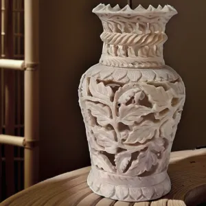 Soapstone Marble Flower Vase with Intricate Leaf Carving