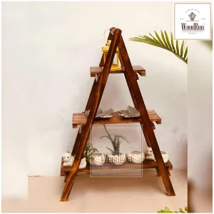 WoodRon Brand - Multipurpose 3-Tier Foldable Classy Pinewood 3-feet Ladder Shelf | Plant Stand | Indoor Flower Pot Stand | Bookcase Storage Rack | Display Shelf For Home Decor, Tiered Shelf