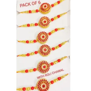 LIGHT 6 pice combo rakhi red gold beautiful rakhi with roli and chawal Bhaiya bhabi rakhi bhai, bro, brother Pack of 6 PICE
