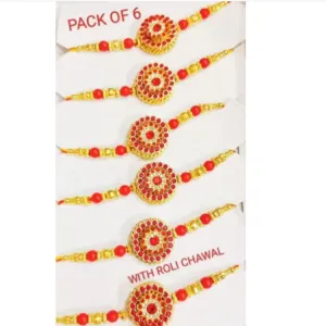 LIGHT FANCY RED GOLD RAKHI 6 PICE COMBO