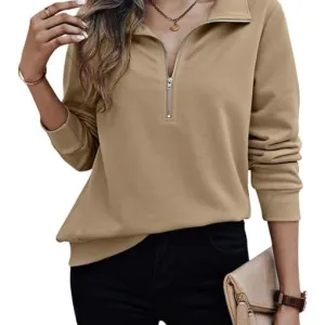 Women's Quarter Zip Pullover Sweater, Casual Long Sleeve Knit Top I Warm Fleece Zip Up Sweatshirt Hoodie for Women
