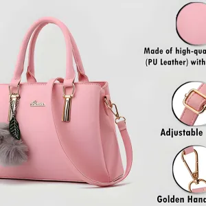 Premium Quality Women’s Stylish Handbag | Elegant PU Leather Shoulder & Tote Bag for Ladies | Spacious Multi-Compartment Design with Golden Hardware & Fur Ball Charm | Perfect for Office, Daily Use, Travel & Parties