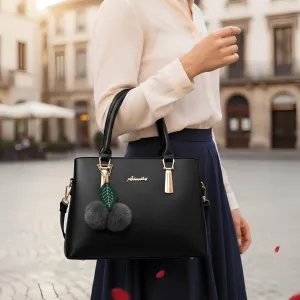 Premium Quality Women’s Stylish Handbag | Elegant PU Leather Shoulder & Tote Bag for Ladies | Spacious Multi-Compartment Design with Golden Hardware & Fur Ball Charm | Perfect for Office, Daily Use, Travel & Parties