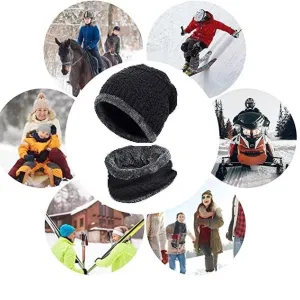 Winter Woolen Hat and Scarf Neck Scarf Warm Knit Hat Thick Fleece Lined Winter Hat & Scarf for Men Women