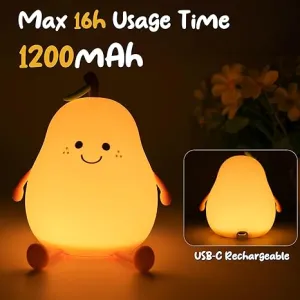 Night Light Pear Cute LED Nursery Nightlight Lamp, Tap Control Squishy Silicone, USB Rechargeable Bedside Lamp for Bedroom, Warm White & 7 Colors, Christmas Gift for Kids Girls Boys (Pear)