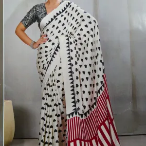 Pure Ajrakh Modal Silk Saree with BP | Handcrafted Black & White Printed Saree with Designer Border