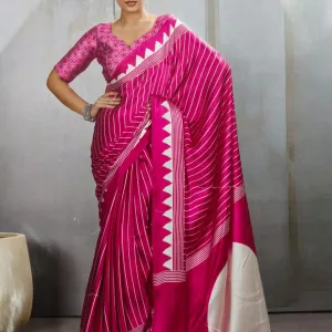 Pure Ajrakh Modal Silk Saree with BP | Handcrafted Pink & White Printed Saree with Designer Border