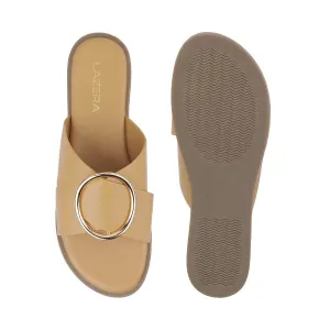 Women’s Soft Flat Sandals | Slip-On Mules with Broad Cross Strap & Gold Buckle