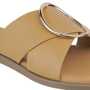 Women’s Soft Flat Sandals | Slip-On Mules with Broad Cross Strap & Gold Buckle