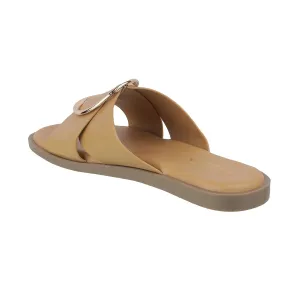 Women’s Soft Flat Sandals | Slip-On Mules with Broad Cross Strap & Gold Buckle