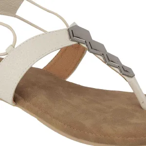 Women’s Toe-Ring Flats | Back Strap T-Strap with Silver Hexagon Detail | Casual/Ethnic
