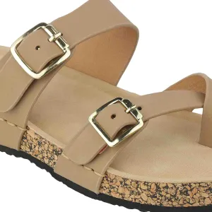Women’s Double-Strap Cork Slides | Adjustable Buckle Toe-Loop Flats