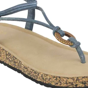 Women’s Boho Thong Flats | Blue Elastic Toe-Ring Design with Wooden Accent | Cork Footbed